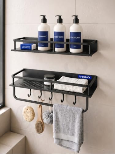 BOXJOY Set of 2 Metal Bathroom Organiser with & Without Drill with 5 Hooks