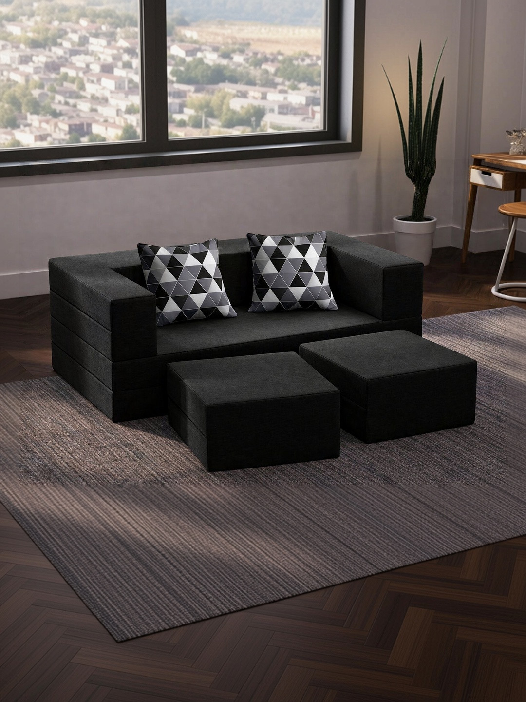 Clex Black Matte Pre-Assembled Elegant & Perfect Convertible Sofa Cum Bed