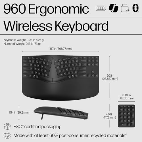 HP 960 Ergonomic Wireless Keyboard/Multi-Device/Soft
