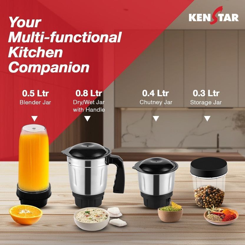 Kenstar Slender 500 W Mixer Grinder (Slender 4Jar | 4 Jars | Blac - Image 3