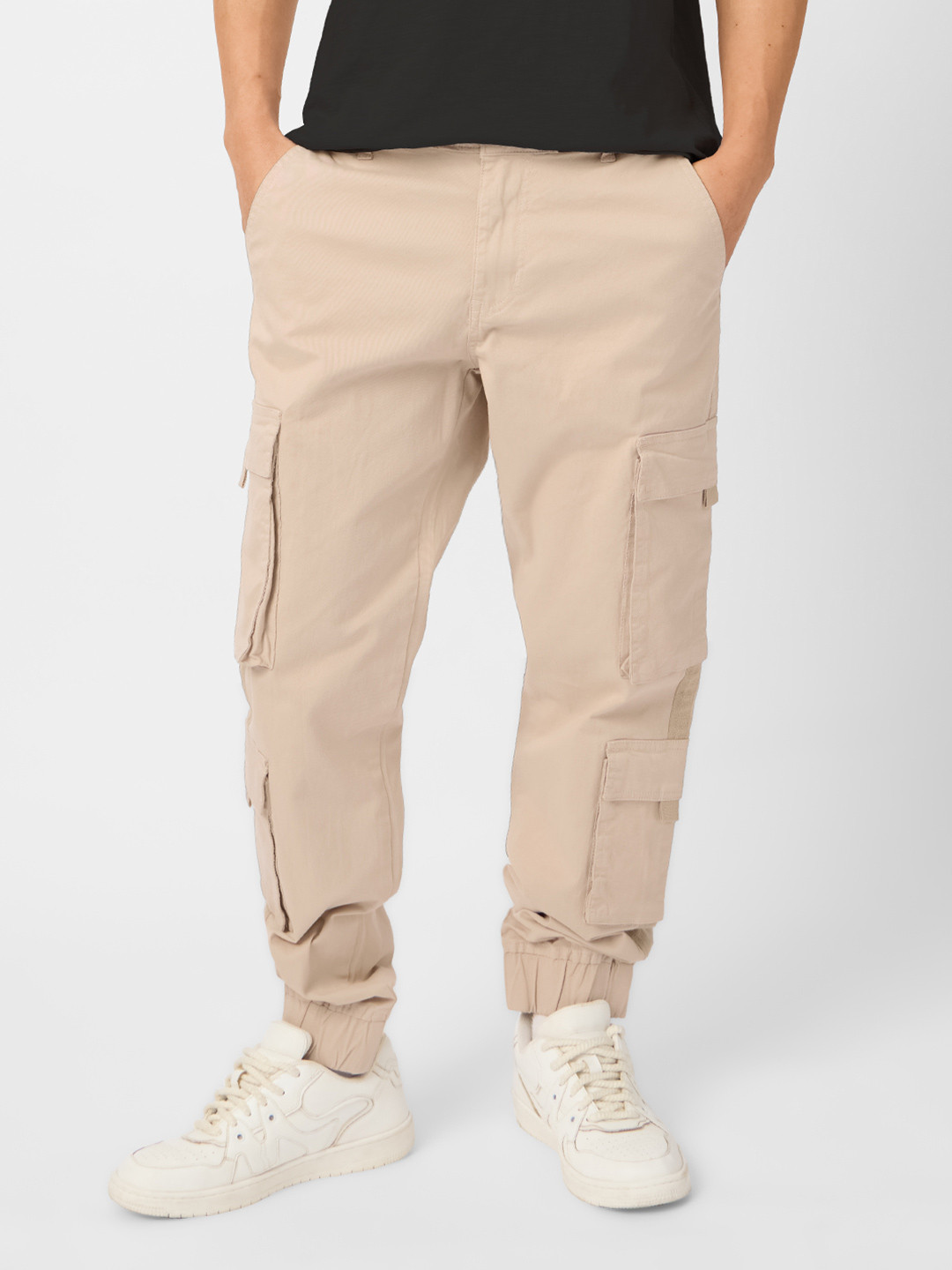The Souled Store Men Straight Fit Solid Beige Cargo Joggers