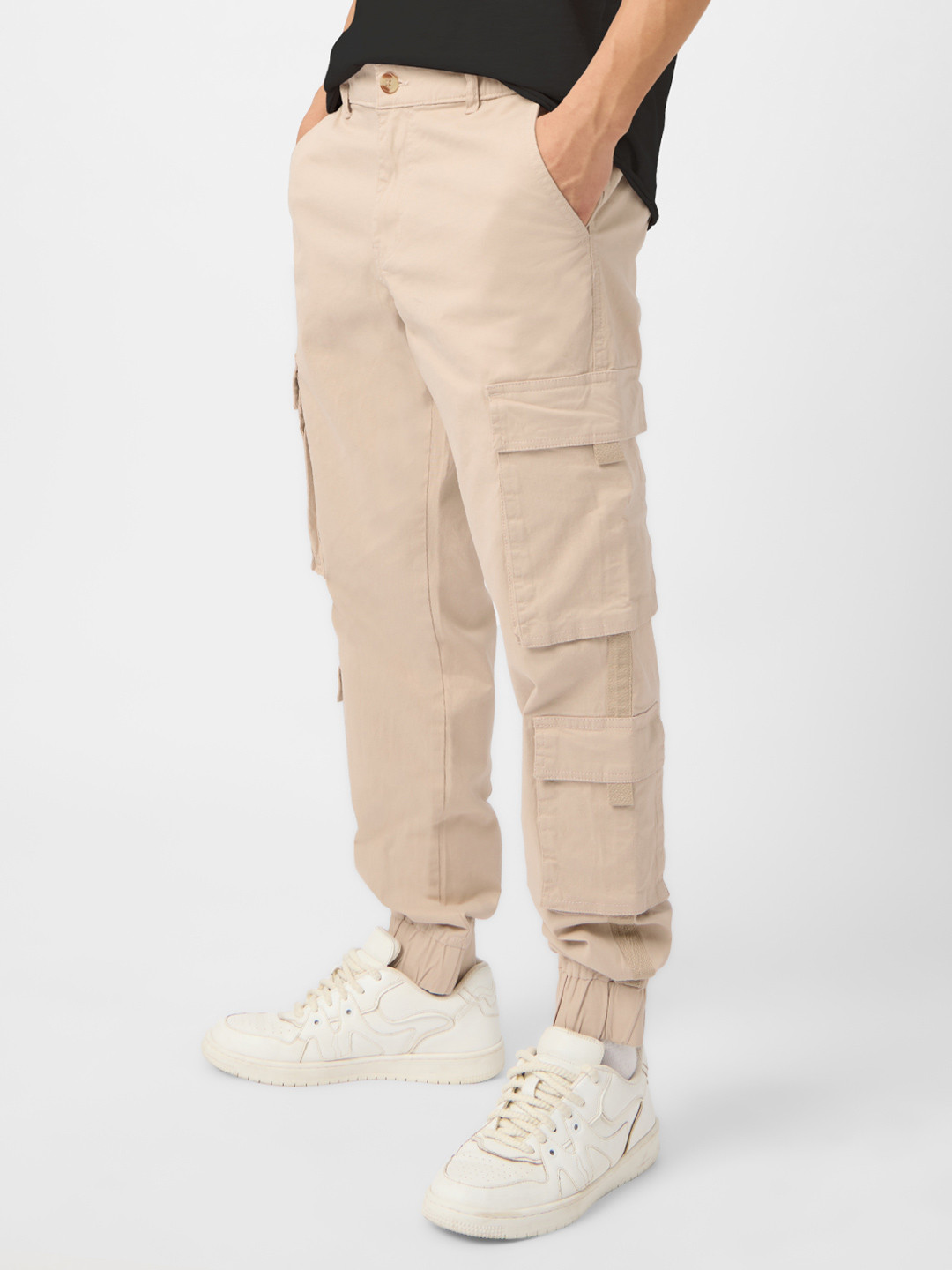 The Souled Store Men Straight Fit Solid Beige Cargo Joggers - Image 2