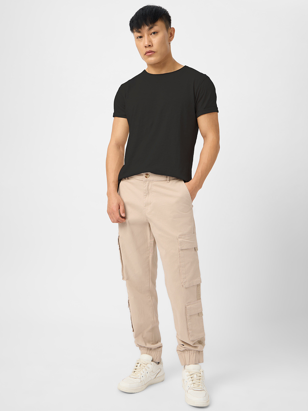 The Souled Store Men Straight Fit Solid Beige Cargo Joggers - Image 4