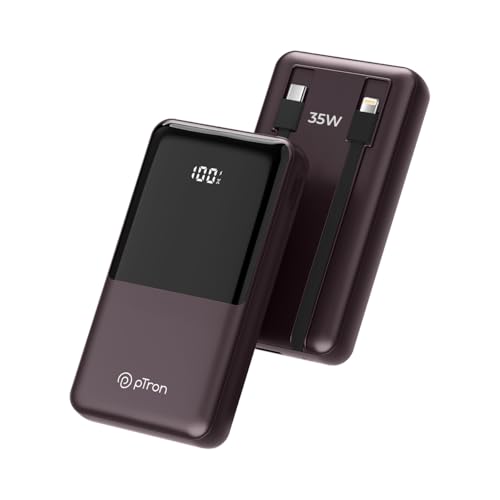pTron Dynamo Bolt 20000mAh 35W Super Fast Charging, USB Type-C Input Power Bank Compatible with QC3.0/PD3.0 (Power Delivery),Built-in Charging Cables,4 Charging Outputs,Type-C Input/Output Port(Brown)