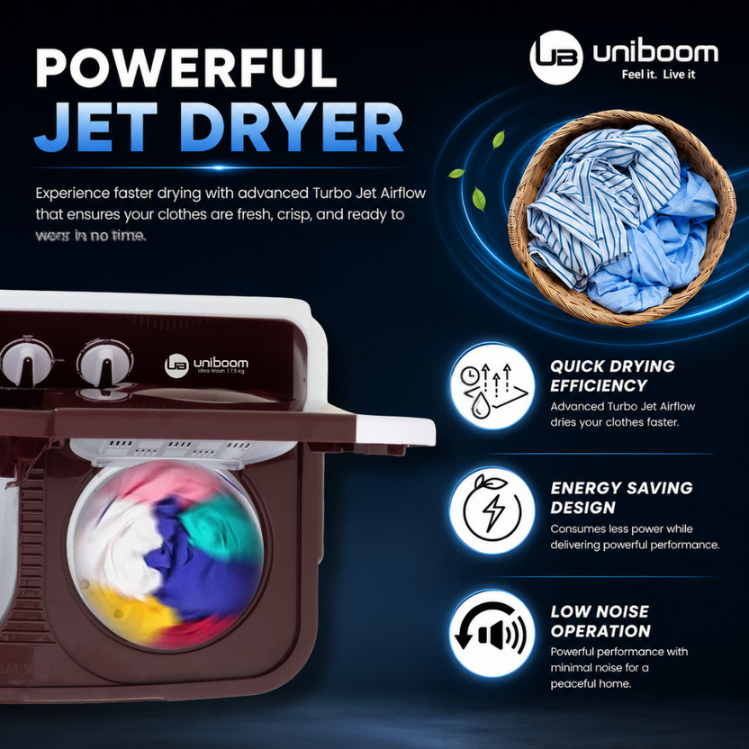 Uniboom 7.5 kg Ultra Wash | Jet Dryer | Portable Wheels | Buzzer - Image 3