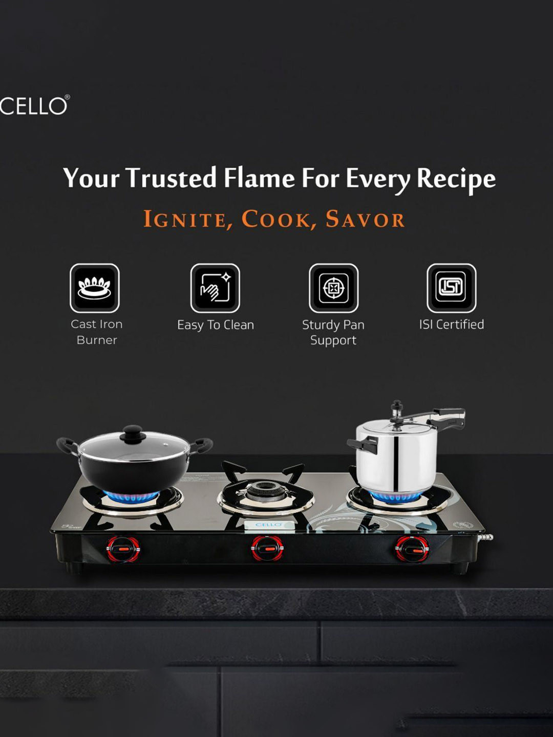 Cello Black Glass Top 3 Burner Manual Gas Stove - Image 2