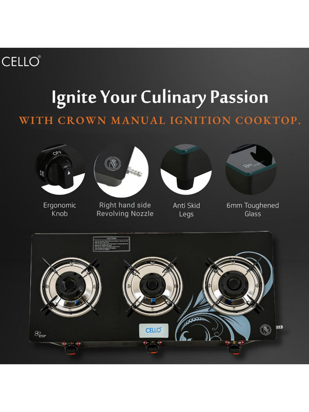 Cello Black Glass Top 3 Burner Manual Gas Stove - Image 3