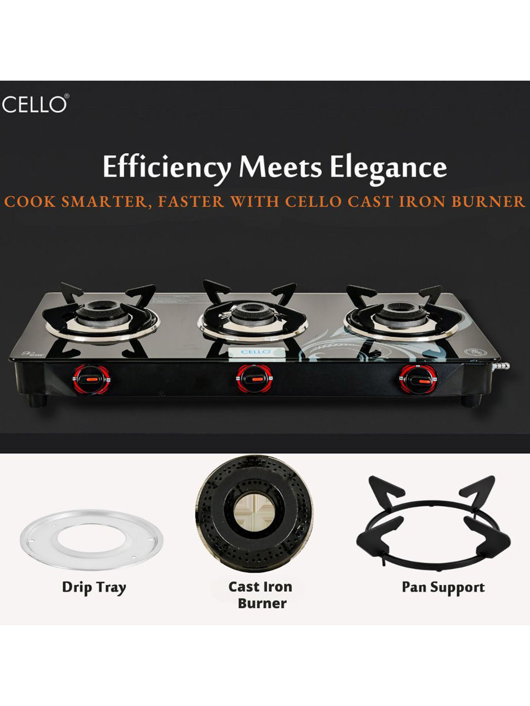 Cello Black Glass Top 3 Burner Manual Gas Stove - Image 4