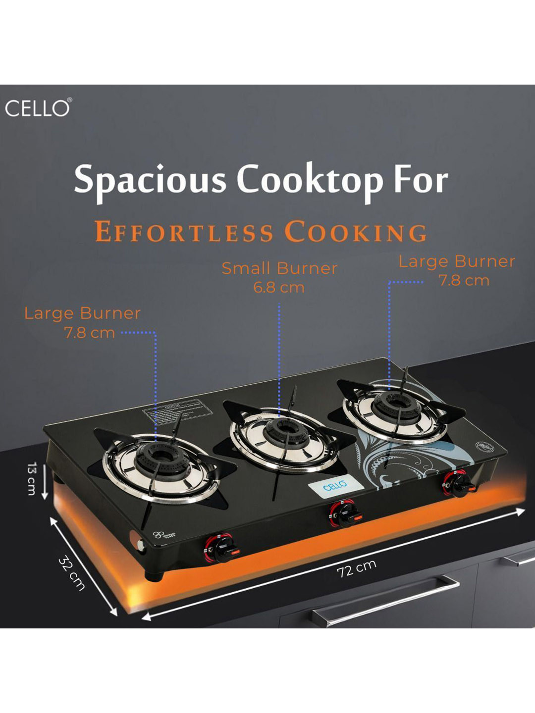 Cello Black Glass Top 3 Burner Manual Gas Stove - Image 5