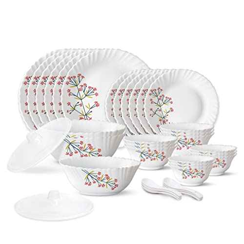 Larah by Borosil 35 Pieces Red Bud Opalware Dinner Set for Family of 6
