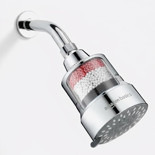 Amazon Basics Filtered Shower Head with 5 Spray Modes | Water Softener | ABS Material | Chrome Finish | 13.3L x 9.6W cm