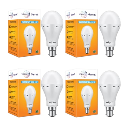 wipro Garnet 11W LED Emergency Bulb | Cool Day White (6500K) | B22 LED Bulb Base | Inverter Bulb for home, with upto 3.5 Hours battery back up| Li-ion Battery | Over charging Protection | Pack of 4