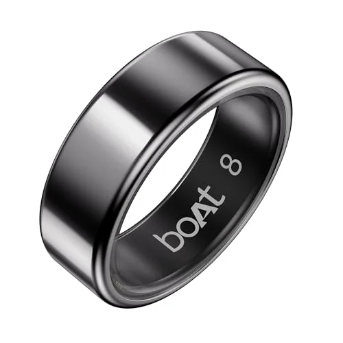 boAt SmartRing Active Plus, Auto HR, Sleep, SpO2, Stress & Skin Temperature Monitor, Stainless-Steel Build, 5 ATM, Weighs Only 5 gm, Portable Charging Case, smart Ring for Men (8, Midnight Black)